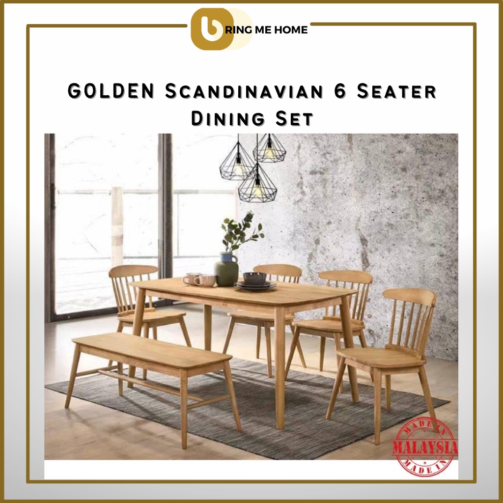 GOLDEN Wood Dining Table 6 Seater With Dining Bench 6 Seater Dining