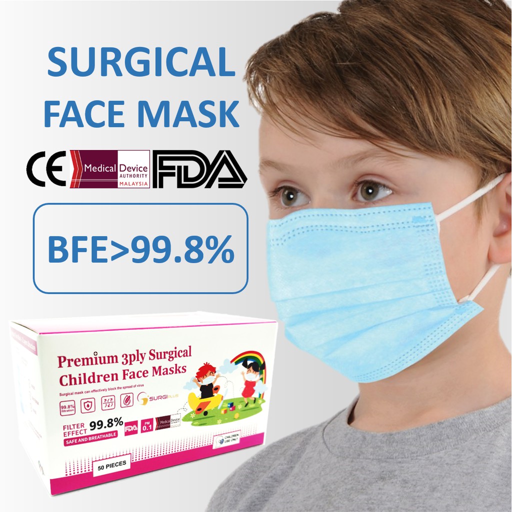Surgical face mask kids BFE 99% 3ply 50pcs, disposable Medical kids ...