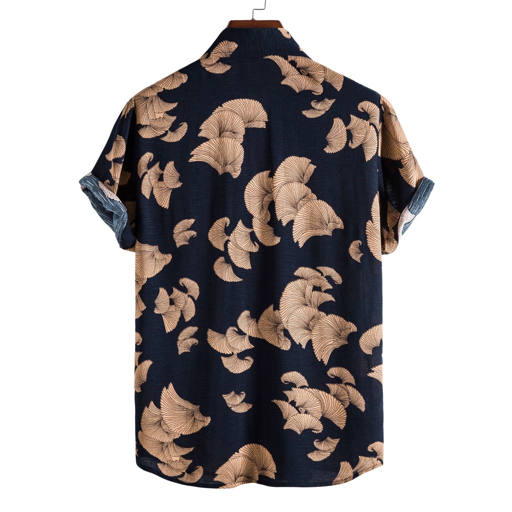 Men's Summer Black&Gold Short-sleeved Allover Printed Floral Shirt ...
