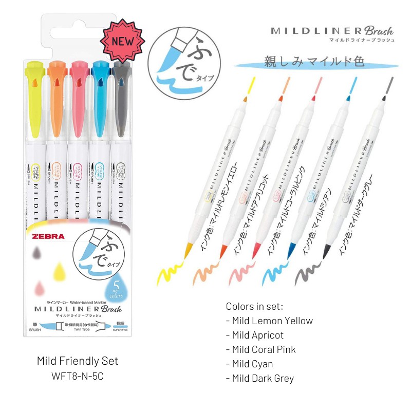 Japan Most Popular Zebra Mildliner Highlighter Brush Pen 5 Colors Set