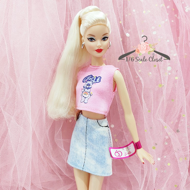 Barbie Doll Clothes Clear Bear Pink Shirt & Denim Skirt 2pcs Set