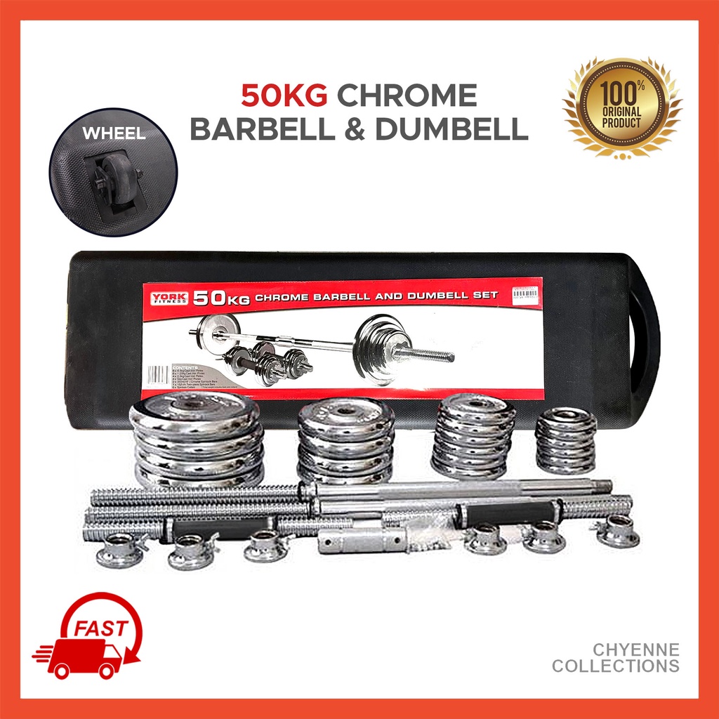 York fitness 50kg chrome best sale barbell and dumbbell set