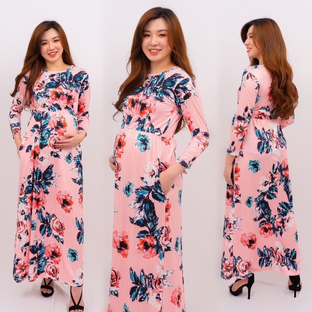 [MOF Exclusive] Long Sleeve Floral Pregnant Woman Maxi Dress Maternity ...