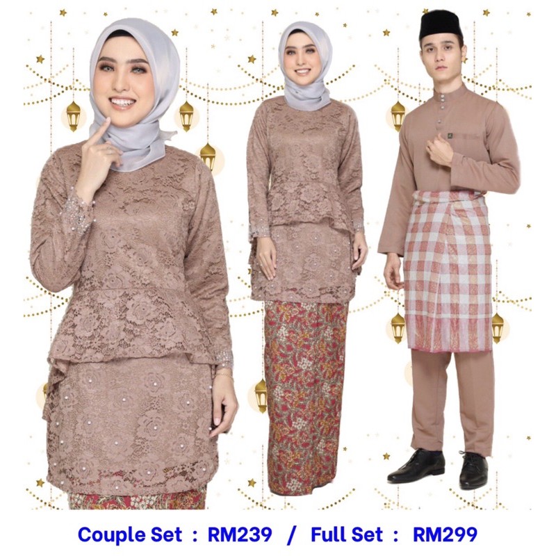 Sedondon Raya Couple Set Lace Kebaya Batik Bali Baju Melayu Cekak Musang Slim Fit Nikah 5186