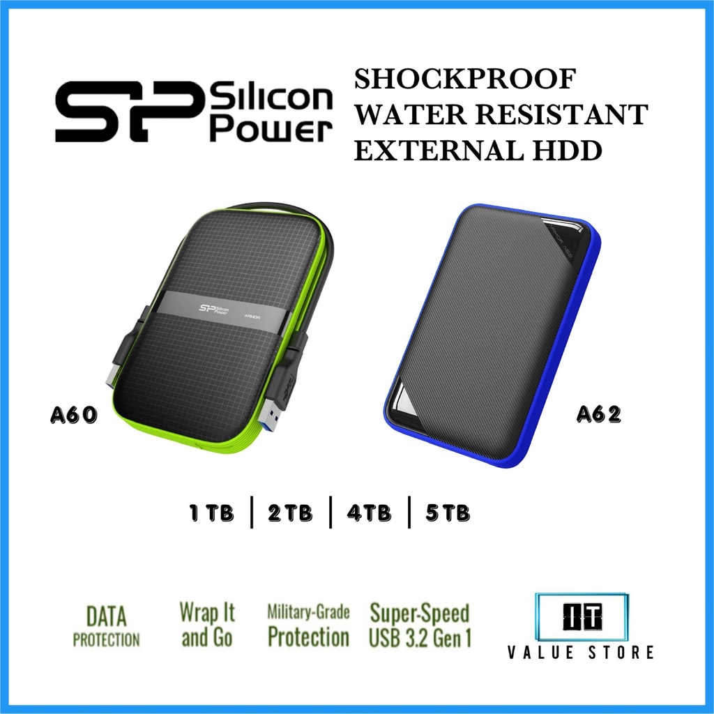 Silicon Power External Hard Drive ARMOR A60 A62 IPX4 WaterResistant & MilitaryGrade