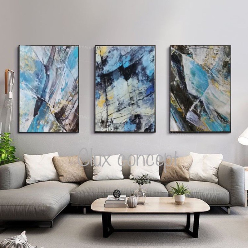 (Set of 3 with framed)Blue & black abstract art wall decoration canvas ...