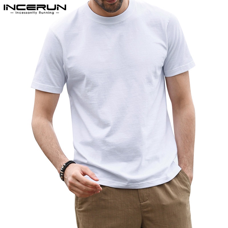 INCERUN Men's 4 Colors Casual Short Sleeve Solid Color Round Neck Basic ...