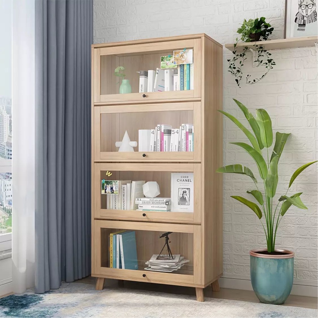 Solid Wood Bookcase Door Study Bookshelf Bookcase DustProof Storage Rack Household
