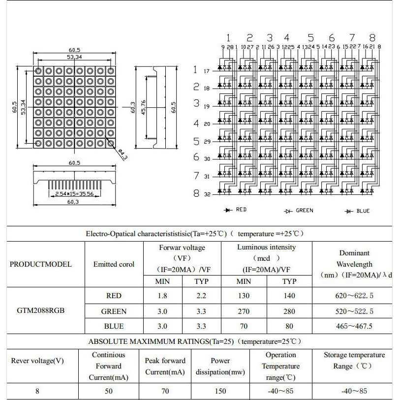 Common Anode Full Color 8 x 8 5mm RGB LED Dot Matrix ( 6 cm x 6 cm ...