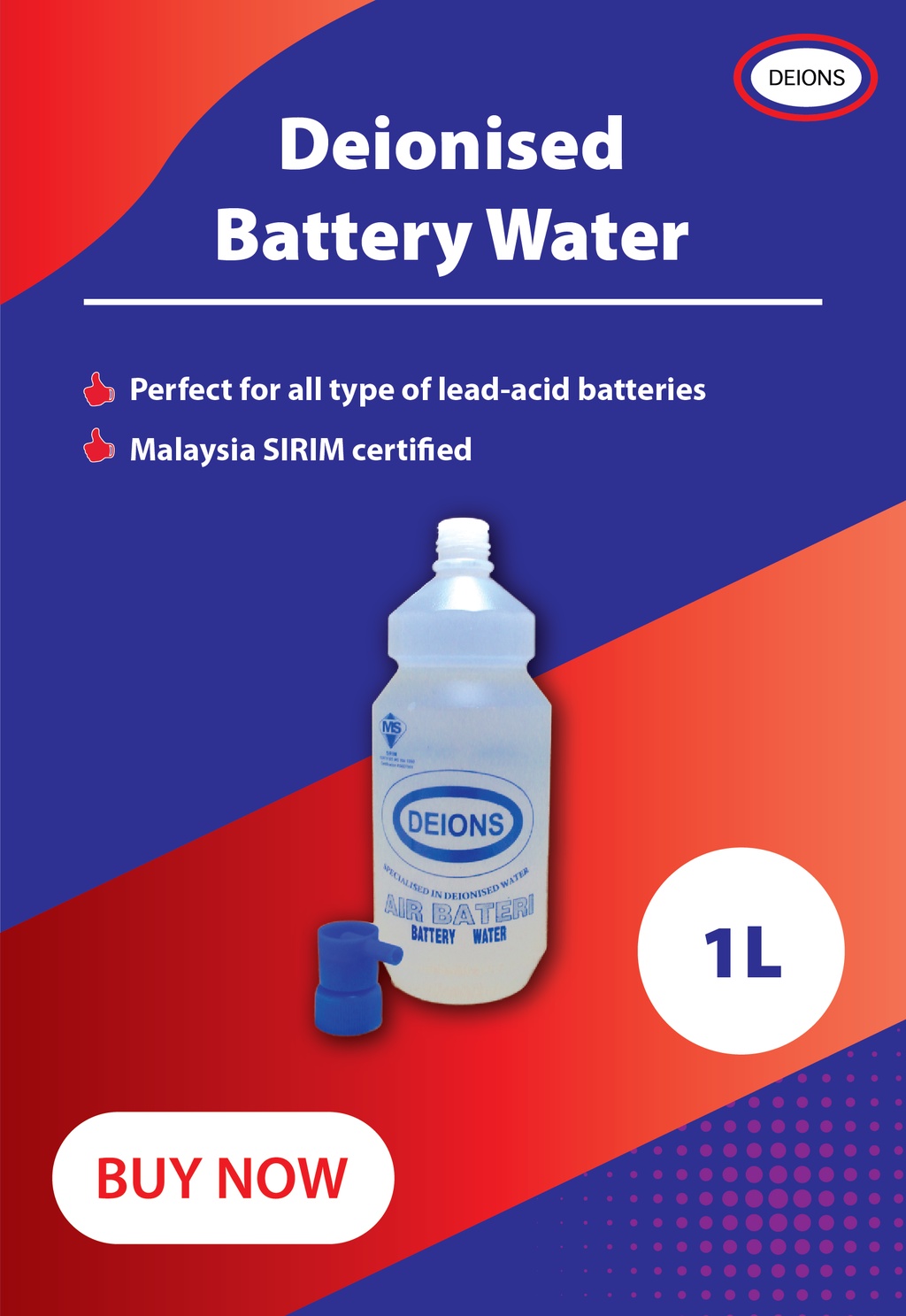 [Car Care Essential] Deions Deionised Battery Water (1L) 100 Pure