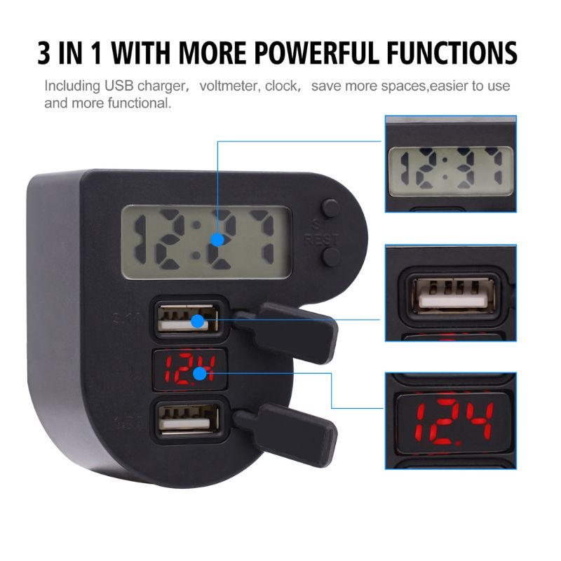 12V Motorcycle Handlebar 2 USB QC 3.0 Charger Socket Voltmeter 2 Switch & Mount