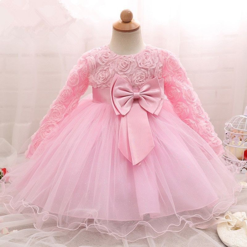 HOT Flower Infant Baby Girl Dress Lace Big Bow Baptism Dresses for Girls 1st Birthday Party Wedding Baju Gaun Baby