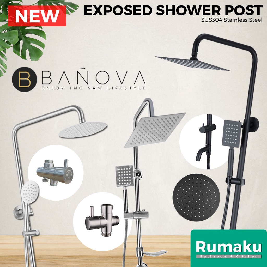 BANOVA SUS 304 Stainless Steel + ABS Shower Post Set Rain Shower + Hand ...