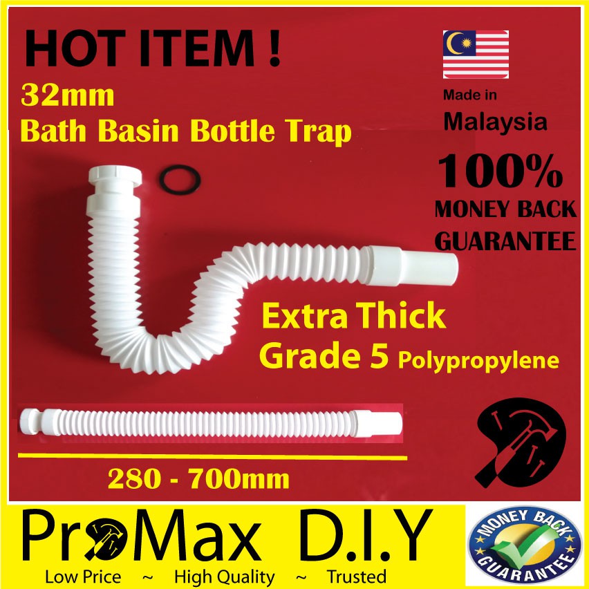 ProMax Bottle Trap 32mm Bath Basin Bottle Trap (1 1/4 inches) Flexible