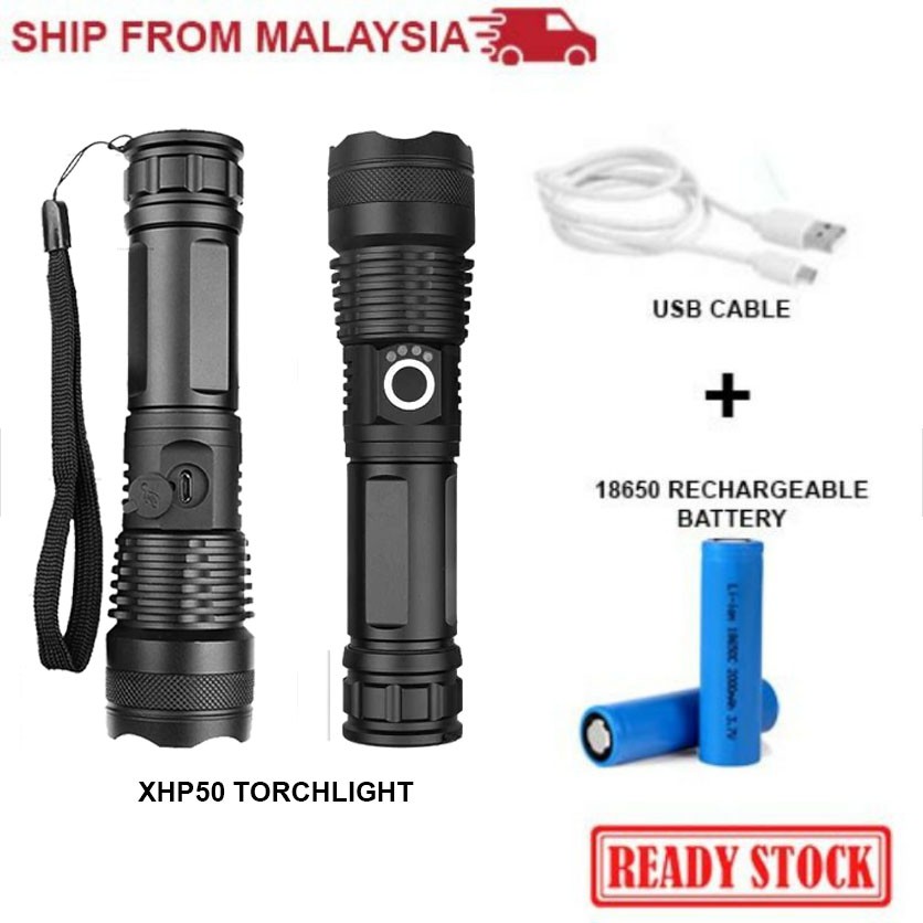 Lampu Suluh Led Xhp50 Swat 50000 Lumens Tactical Flashlight Usb Rechargegable Waterproof Camping 