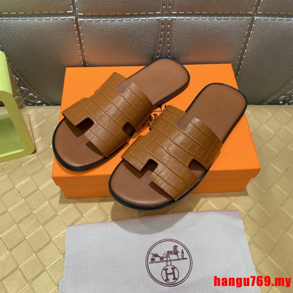 kasut lelaki Original Quality 2021 Fashion New Classic Brown Leather H  Hermes sandal lelaki slipper men shoes