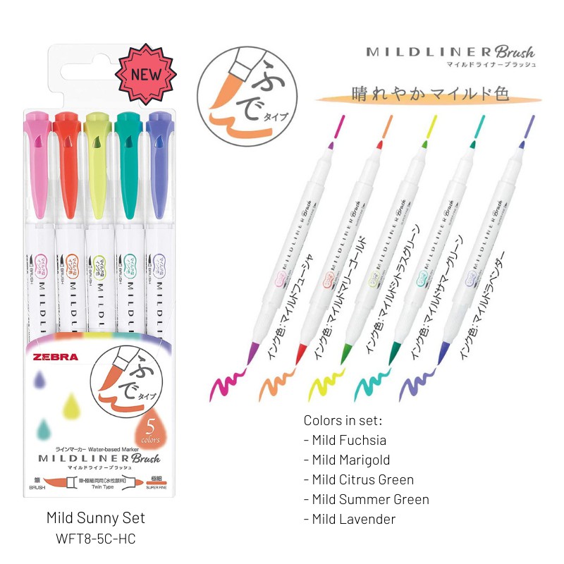 Japan Most Popular Zebra Mildliner Highlighter Brush Pen 5 Colors Set