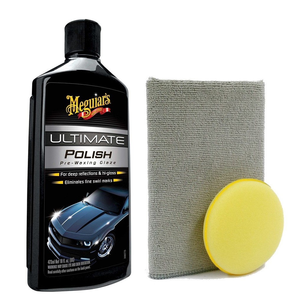Meguiar's Ultimate Polish + Generic Foam Applicator Pad + Microfiber Detailing Cloth 40cm x 40cm