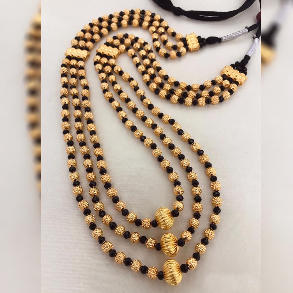 3 Line Black Beads Premium Matt Gold Long Chain | Shopee Malaysia