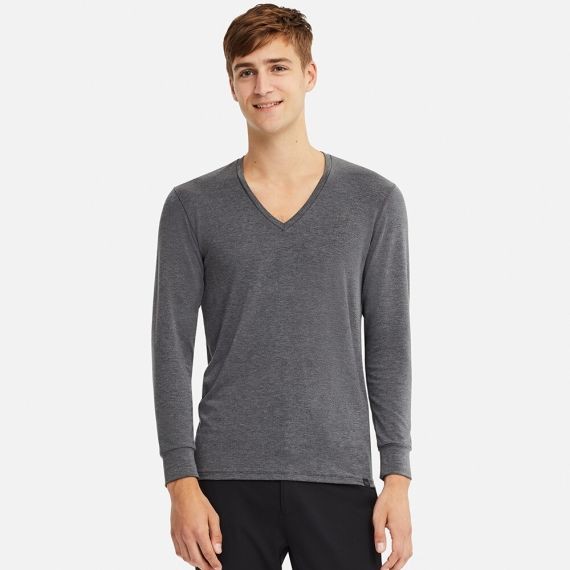 GENUINE UNIQLO MEN HEATTECH V NECK LONG SLEEVE T-SHIRT (PLAIN