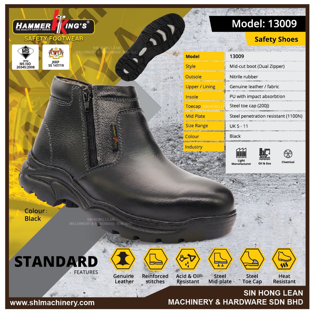 Hammer Kings Standard Safety Shoes 13009 Men Shoes Mid Cut Dual Zipper Steel Toe Cap Leather