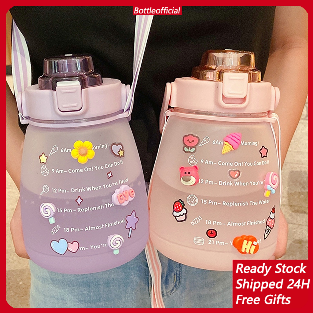 📣Malay Shipment📣With scale 1300ml straw plastic water bottle summer cute portable big belly cup