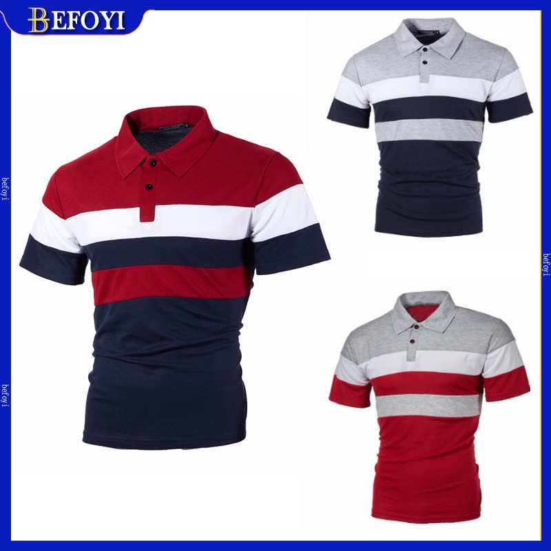 [Local Delivery] Men's Short Sleeve Polo Shirt Striped Colorblock ...