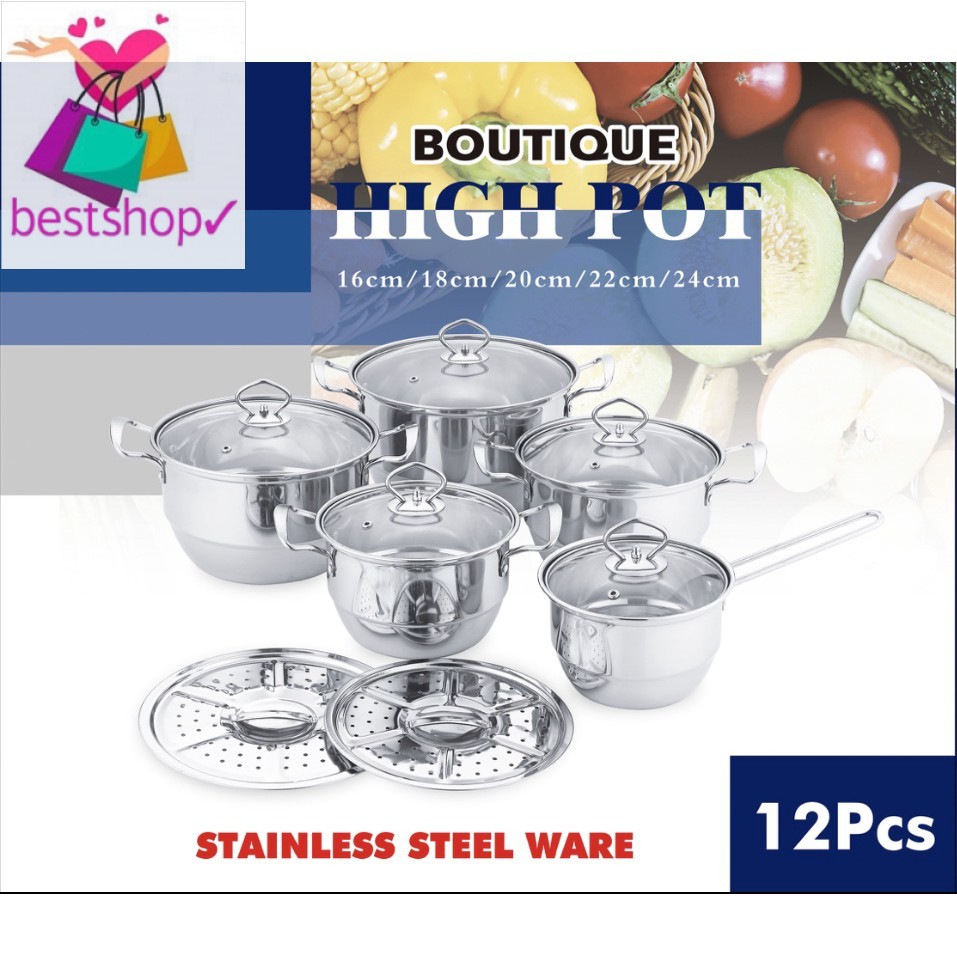 Periuk Set 12pc/Pengukus/Stainless Steel Pot/Steamer Pot/Periuk kukus ...