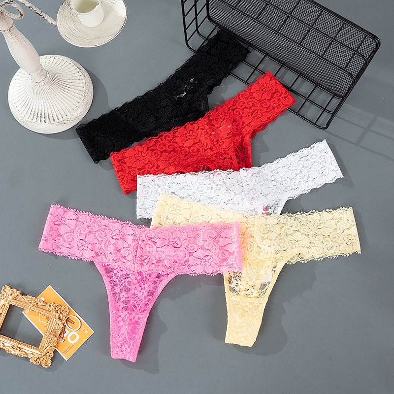 Women Sexy Lace Panties Low Waist Floral Thong Underwear Female