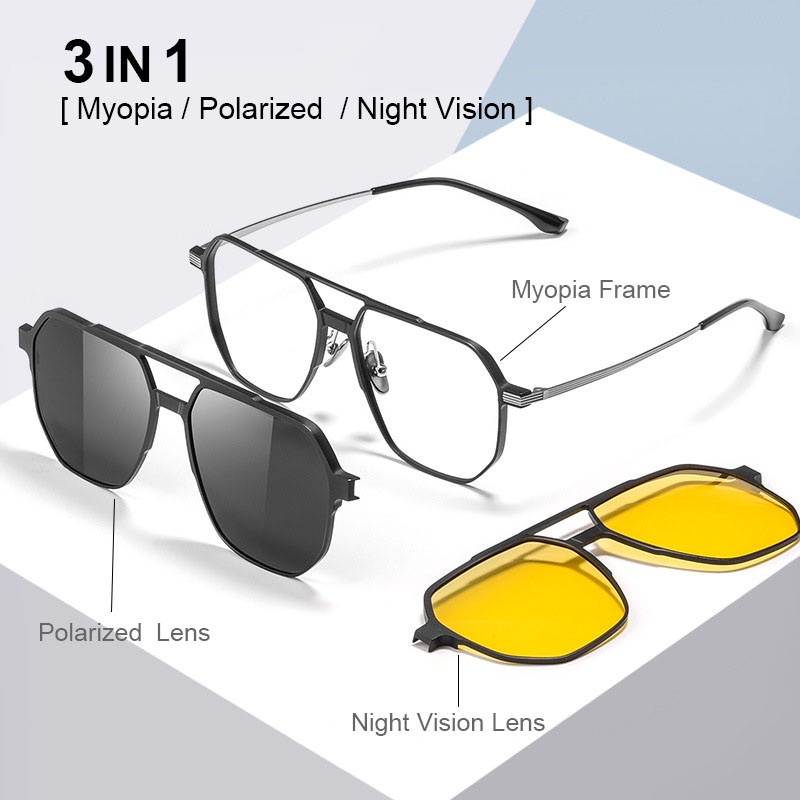 3 in 1 Aluminum Magnesium Polarizers Glasses Frame Men Large Frame