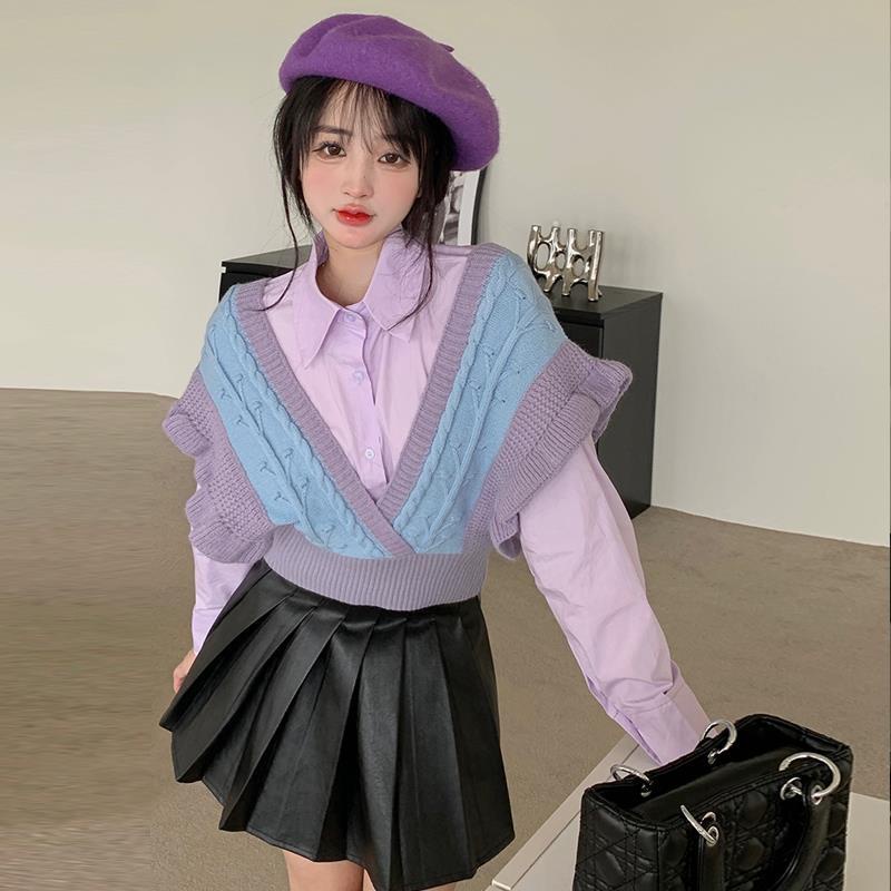 Knitted Vest Fashion Purple Korean French Vintage V-neck Stitching