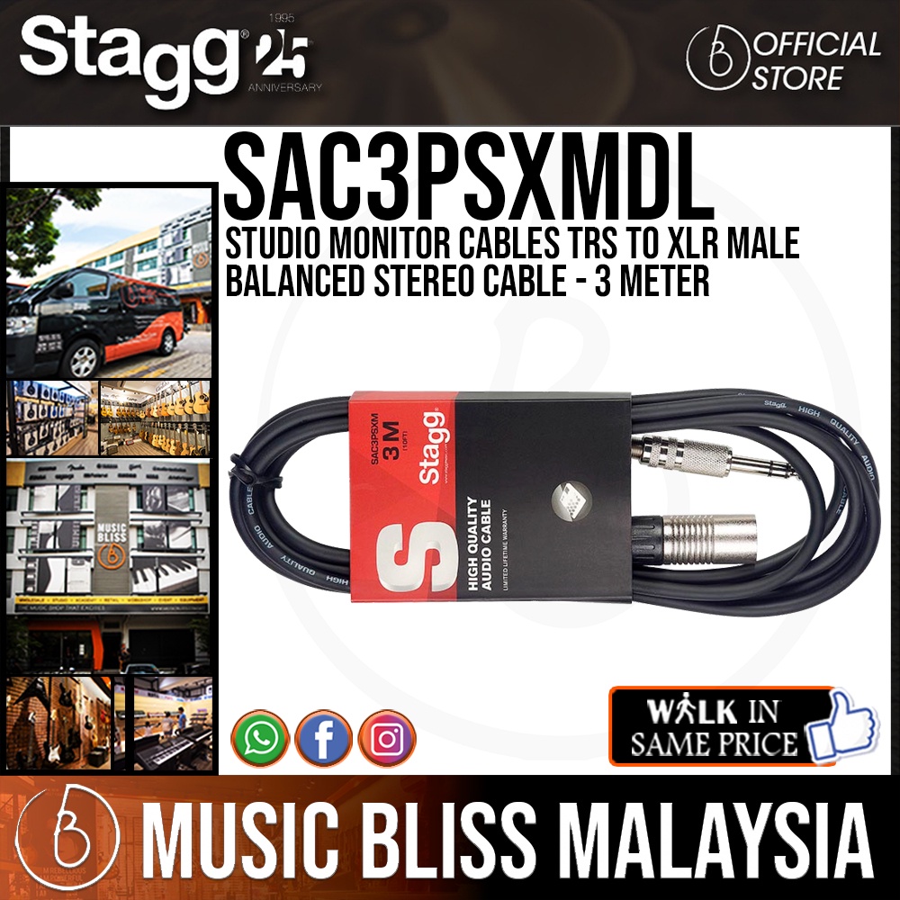 Stagg Studio Monitor Cables TRS to XLR Male Balanced Stereo Cable 3 Meter (SAC3PSXMDL