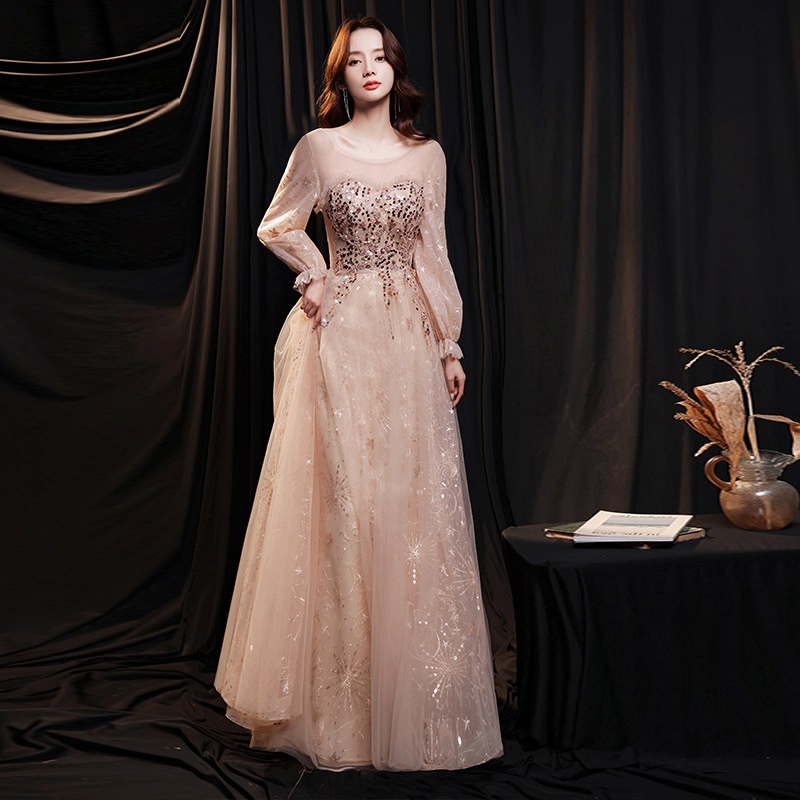 Champagne Annual Meeting Evening Dress Elegant Long sleeved Sequin Slim A line Dresses Birthday Banquet Host Party Gown Shopee Malaysia