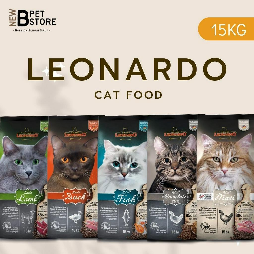 LEONARDO CAT FOOD 15KG SUPER PREMIUM QUALITY ADULT MAXI ADULT DUCK ADUL FISH ADULT LAMB ADULT COMPLETE NEWB PET