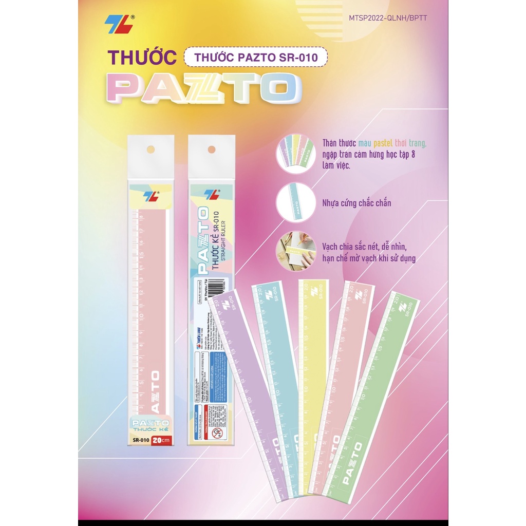 Thien Long Pazto SR-010 hard plastic ruler, Pastel color, straight ...