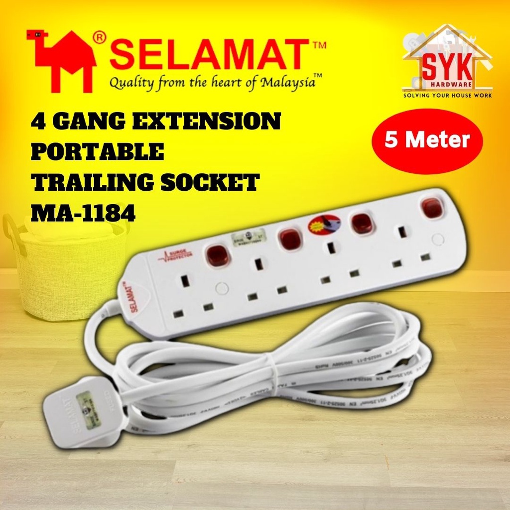 SYK SELAMAT MA1184 Trailing Extension Socket Sirim Heavy Duty 4 Gang 5 Meter Extension Plug