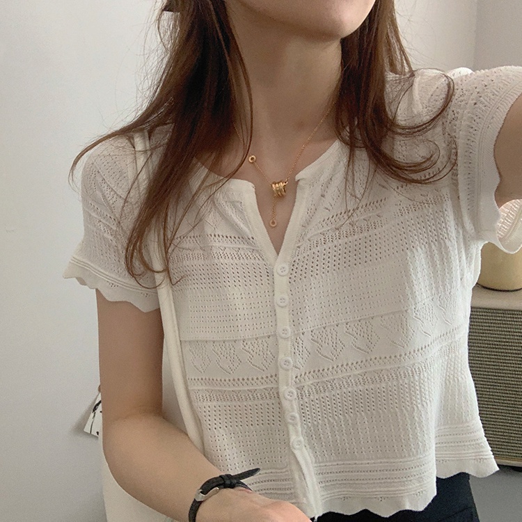 Casual V Neck Wave Hem Short Sleeve Shirt