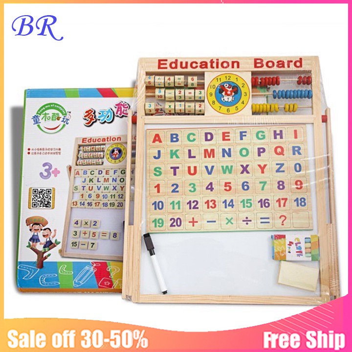 2sided wooden board with numbers to help children practice letters and mathematical