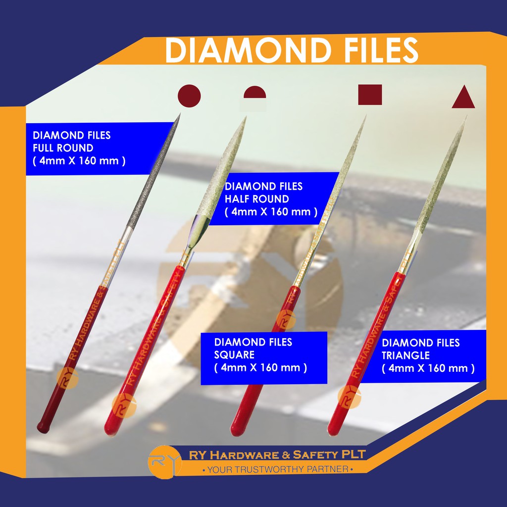 DIAMOND FILES | 4mm X 160 mm | FULL ROUND, HALF ROUND,SQUARE & TRIANGLE ...