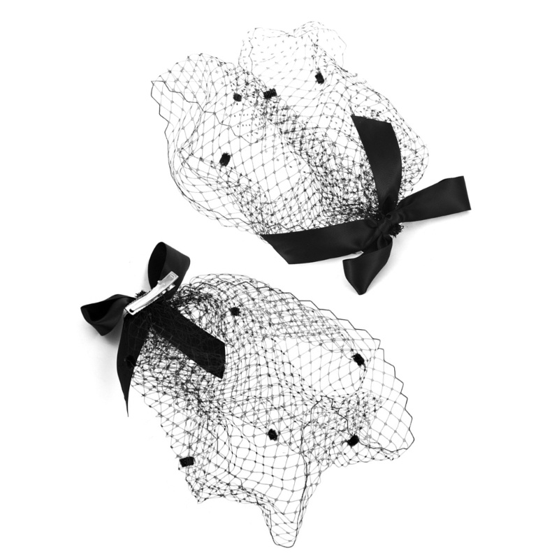 Fine Girls Gothic Black Satin Lace Hair Hoop Lace Bows with Fish Net