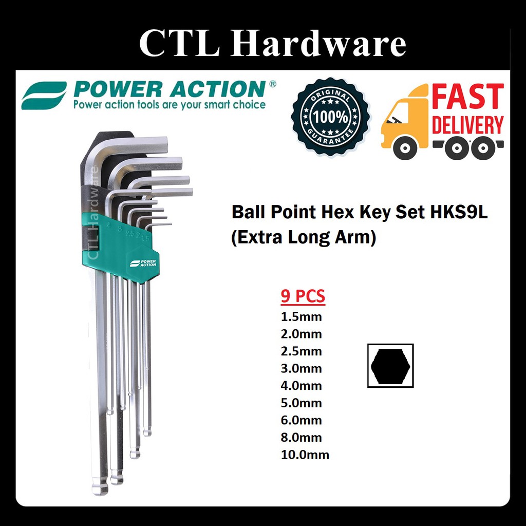 Power Action Ball Point Hex Key Set HKS9L Extra Long Arm (hks-9l ...