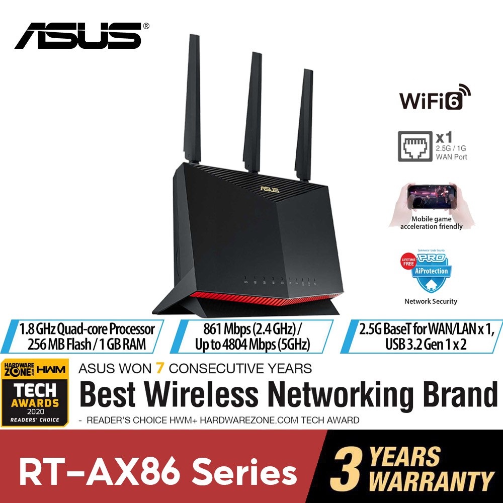 Asus RTAX86U PRO AX5700 Dual Band WiFi 6 Gaming Router with Gaming Port and ASUS AiMesh WiFi