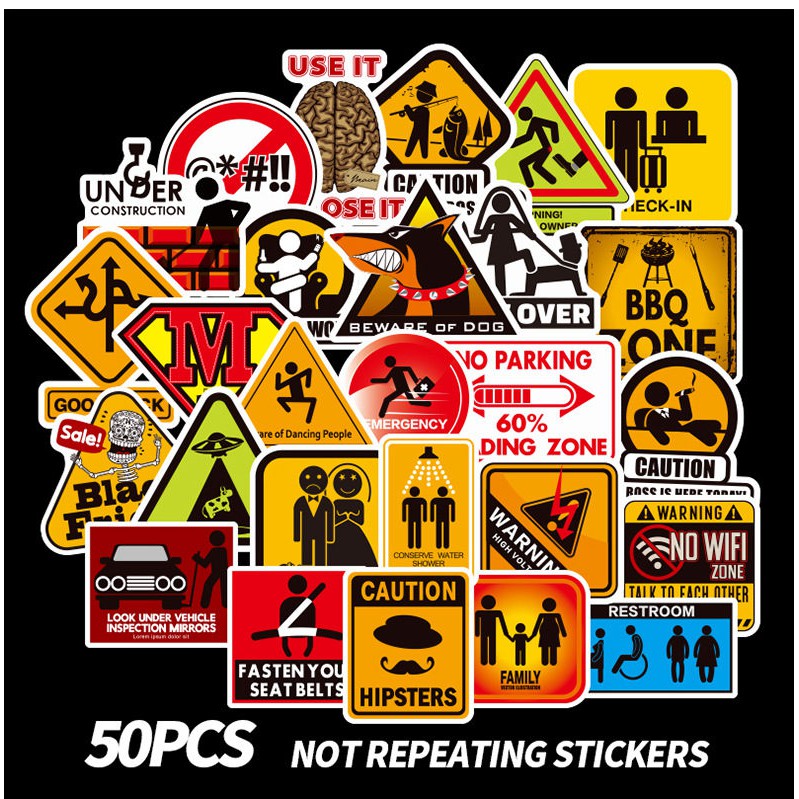 Warning Stickers (50 Pcs), Caution Vinyl Decal, Waterproof Sticker