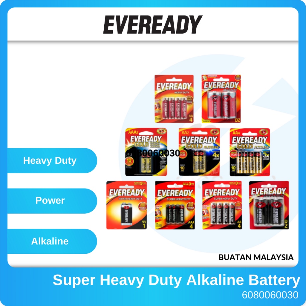 EVEREADY Super Heavy Duty Alkaline Battery Black Gold Red R6 R03 6F22 D ...
