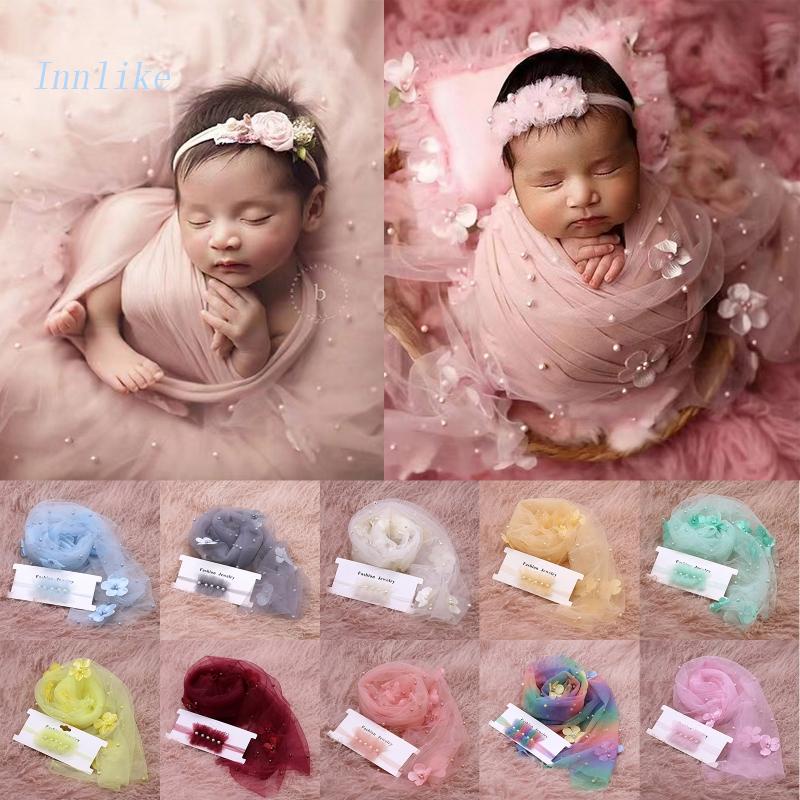 INN 2Pcs Newborn Baby Photography Props Long Wrap Chiffon Beads Flower