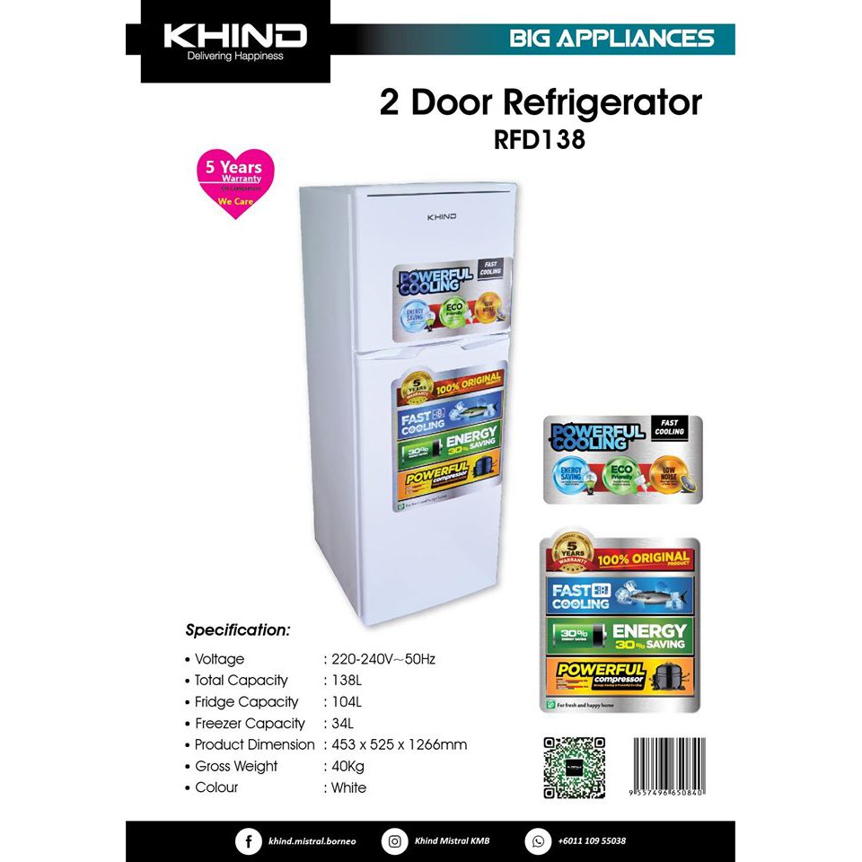 KHIND REFRIGERATOR RFD138 | Shopee Malaysia