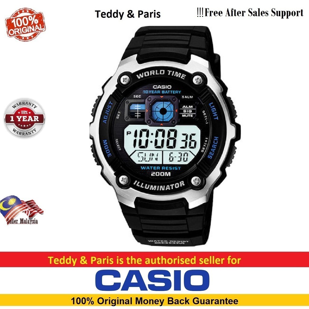 Casio AE-2000W-1AV World Time Digital Black Resin Watch Water Resistant ...