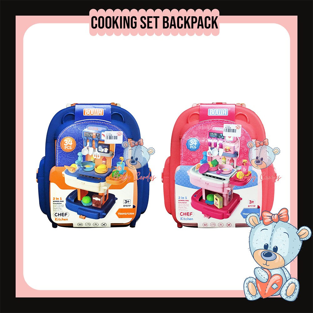 34pcs Kitchen Backpack Bag Cooking Cookware Pot Stovetop Oven Pan Utensils Pretend Play Set