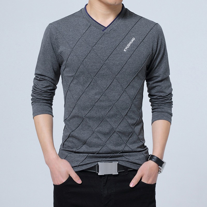 Cotton Blend Plain Black Men Full Sleeve V Neck Tshirt, V-neck Collar