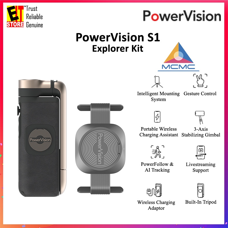 Powervision S1 Gimbal Per Smartphone - Stabilizzatore Con Treppiede, Powerbank E AI Tracking, Kit Vlogging